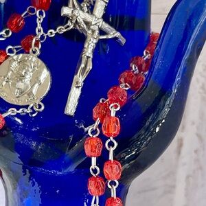 Orange Red Bead Rosary Necklace with Silver Crucifix